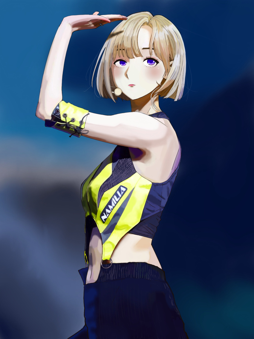 aespa basala5417 black_pants blonde_hair blue_eyes blush clothing_cutout earpiece female from_side highres jewelry k-pop light_frown looking_up navel pants real_life red_eyes ring shirt short_hair solo stomach_cutout winter_(aespa) yellow_shirt