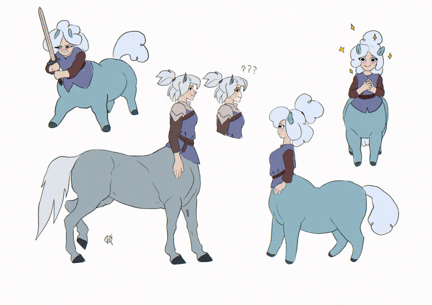 blue_body centaurworld equid equid_taur female fluffy fluffy_hair fusion grey_body grey_skin hair hi_res hooves horse_(centaurworld) horse_ears human_torso mammal mammal_taur melee_weapon model_sheet netflix ponynok rider_(centaurworld) simple_background simple_coloring solo sword tail taur weapon white_background white_hair