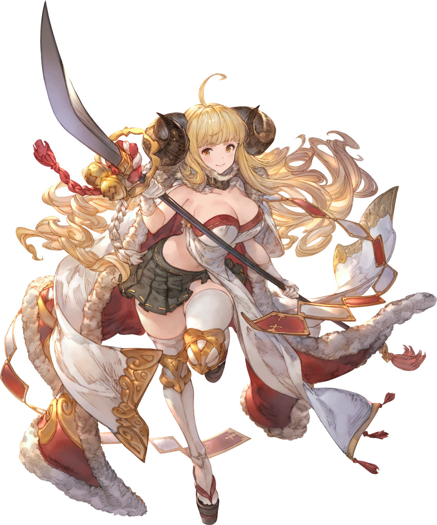 ahoge anila_(granblue_fantasy) bell blonde_hair blunt_bangs breasts cape cleavage closed_mouth draph female full_body fur_trim gloves granblue_fantasy granblue_fantasy_versus:_rising highres holding holding_weapon horns huge_breasts long_hair looking_at_viewer minaba_hideo official_art okobo pleated_skirt polearm sandals sheep_horns skirt smile solo standing tachi-e tassel thighhighs transparent_background weapon white_gloves yellow_eyes zettai_ryouiki