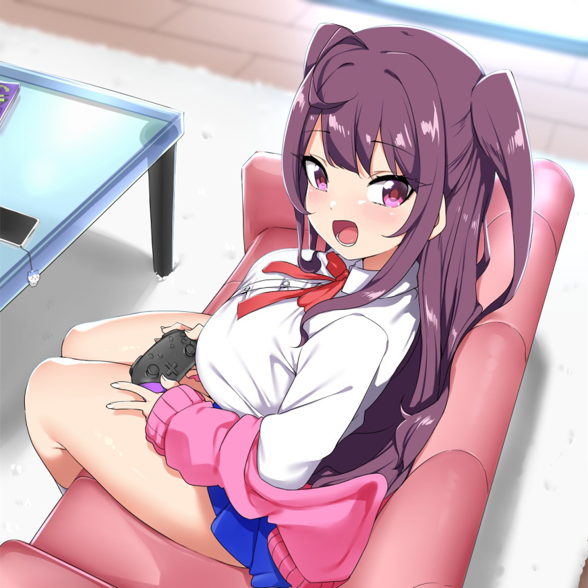 :d bad_id bad_twitter_id bare_legs bebebe_(pepegakii) blue_skirt breasts brown_hair controller couch female glass_table hase_rinon highres holding holding_controller indoors jacket long_hair miniskirt neck_ribbon oppai_loli pink_eyes pink_jacket red_ribbon ribbon school_uniform shirt sitting skirt smile solo table tama_project two_side_up virtual_youtuber white_shirt