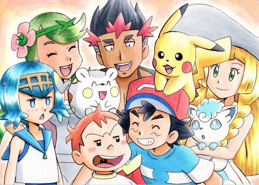 3boys 3girls :d alolan_vulpix bad_id bad_twitter_id baseball_cap black_hair blonde_hair blue_eyes blue_hair blue_one-piece_swimsuit blue_sailor_collar blush_stickers closed_eyes closed_mouth commentary_request dress eyelashes flower green_eyes green_hair grin hair_flower hair_ornament hat highres holding holding_pokemon kiawe_(pokemon) lana_(pokemon) lillie_(pokemon) lolicon long_hair mallow_(pokemon) multiple_boys multiple_girls oka_mochi on_head one-piece_swimsuit open_mouth orange_hair pikachu pink_flower pokemon pokemon_(anime) pokemon_(creature) pokemon_on_head pokemon_sm_(anime) red_hair red_headwear sailor_collar satoshi_(pokemon) shirt short_hair sleeveless sleeveless_dress smile sophocles_(pokemon) swept_bangs swimsuit swimsuit_under_clothes teeth togedemaru tongue traditional_media upper_teeth_only white_headwear white_shirt