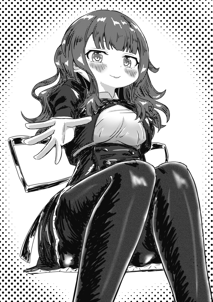 absurdres ao_daidai_ki arm_at_side assault_lily blunt_bangs blush breasts buttons closed_mouth commentary_request cropped_jacket feet_out_of_frame female from_below greyscale halftone halftone_background hand_up high-waist_skirt highres invisible_chair juliet_sleeves kaede_johan_nouvel knees_together_feet_apart long_hair long_sleeves looking_at_viewer medium_breasts miniskirt monochrome neck_ribbon outstretched_arm pantyhose puffy_sleeves ribbon school_uniform shirt sidelocks sitting skirt smile solo wavy_hair white_background yurigaoka_girls_academy_school_uniform