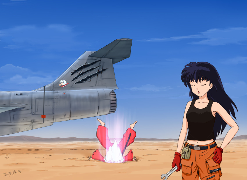 1boy :o ace_combat ace_combat_7 aircraft animal_ears avril_mead bare_shoulders black_hair black_tank_top blue_sky breasts closed_eyes collarbone commentary cowboy_shot day dog_boy dog_ears eyebrows_hidden_by_hair f-104_starfighter female gloves hand_on_own_hip highres higurashi_kagome holding holding_wrench inuyasha inuyasha_(character) japanese_clothes kimono long_hair medium_breasts navel open_mouth orange_pants pants pouch red_gloves red_kimono scabbard sheath sky sleeveless takahashi_rumiko_(style) tank_top thompson_(solowingfh) voice_actor_connection wasteland white_hair wrench yukino_satsuki