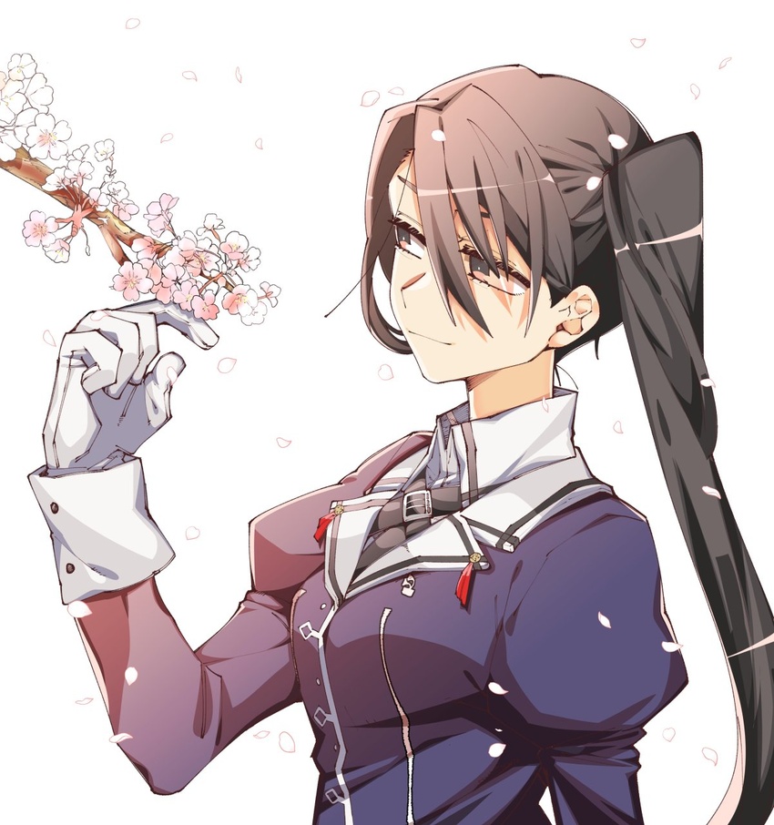 black_hair branch breasts brown_eyes bud closed_mouth commentary_request female gloves hair_between_eyes higaragi highres kantai_collection long_hair long_sleeves medium_breasts military military_uniform nachi_(kancolle) nachi_kai_ni_(kancolle) petals side_ponytail simple_background solo uniform upper_body very_long_hair white_background white_gloves