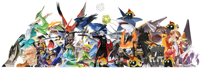 4boys 4girls absurdres aegislash aggron alolan_sandslash arcanine arm_up armor au_ra aymeric_de_borel barraskewda bastiodon black_cape black_coat black_footwear black_gloves black_hair blastoise blaziken blonde_hair blunt_bangs boots cape carbink chainmail clawitzer cleavage_cutout closed_eyes clothing_cutout coat cobalion commentary corvisquire crossover dragon_horns eldegoss emboar emolga empoleon facial_hair falinks final_fantasy final_fantasy_xiv fur-trimmed_coat fur_trim gloves grey_coat grey_hair gun hair_ribbon helm helmet hien_rijin highres holding holding_gun holding_poke_ball holding_staff holding_sword holding_weapon horns hyur infernape kan-e-senna katana knee_boots lalafell leg_up lilligant lyse_hext medium_hair merlwyb_bloefhiswyn mienshao multiple_boys multiple_girls navel ninjask on_one_knee outstretched_arm over_shoulder pauldrons pink_scarf pipin_tarupin pointy_ears poke_ball pokemon pokemon_(creature) ponytail potion_lilac raubahn_aldynn rhyperior ribbon roegadyn samurai_(final_fantasy) sawsbuck sawsbuck_(spring) scales scarf seaking serperior sharpedo short_hair shoulder_armor simple_background single_bare_shoulder single_pauldron staff standing sword talonflame terrakion virizion weapon weapon_over_shoulder white_background white_gloves white_hair yugiri_mistwalker