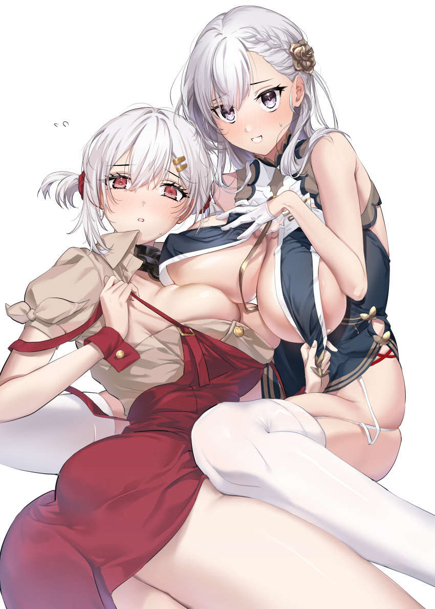 2girls absurdres asymmetrical_docking azur_lane belfast_(azur_lane) belfast_(azur_lane)_(cosplay) belfast_(piping-hot_perfection)_(azur_lane) breast_curtains breast_press breasts china_dress chinese_clothes commentary_request cosplay costume_switch dress furon_(froon) gloves highres huge_breasts looking_at_viewer lying multiple_girls official_alternate_costume on_side partial_commentary simple_background sirius_(azur_lane) sirius_(azur_lane)_(cosplay) sirius_(azure_horizons)_(azur_lane) sitting thighhighs thighs wariza white_background white_hair wrist_cuffs