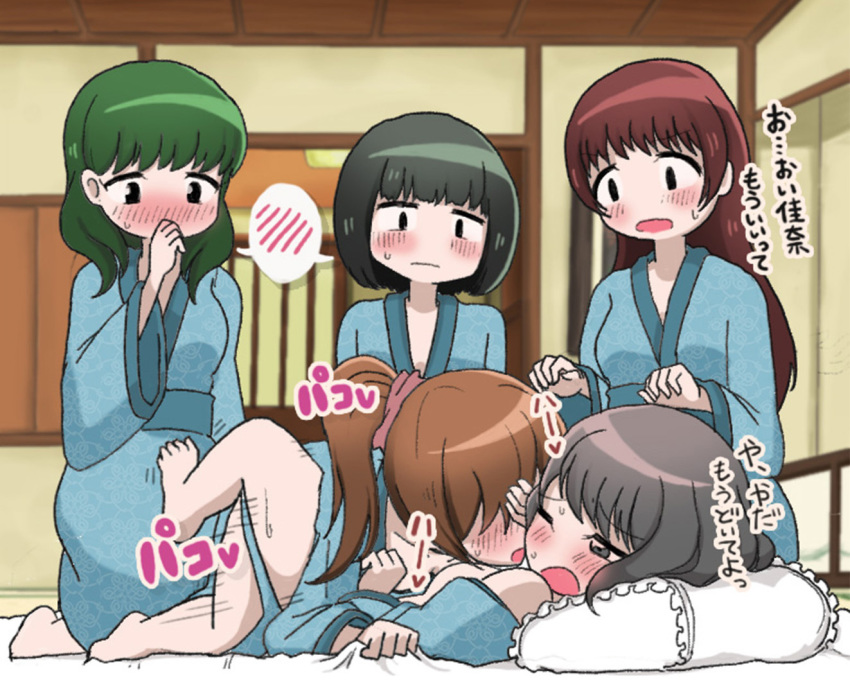 5girls blush bowl_cut brown_hair cellphone commentary dry_humping humping indoors inn japanese_clothes kimono long_hair lying mejikara_scene motion_lines multiple_girls on_back open_mouth original phone photoshop_(medium) ponytail robe short_hair smartphone spread_legs tatami translated yuri