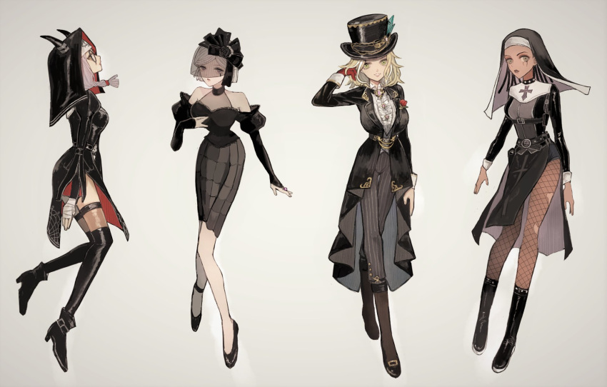 4girls :o :| arms_at_sides bad_id bad_twitter_id bandages belt black_bow black_coat black_dress black_flower black_footwear black_hair black_headwear black_rose black_sleeves blonde_hair boots bow braid center_frills chimakey closed_mouth coat cross dark-skinned_female dark_skin demi_bourbon demi_bourbon_(true_proof) detached_sleeves dress feathers fiona_gilman fiona_gilman_(divine_light) fishnets flower formal frills full_body glasses gloves gold_trim green_eyes grey_pants habit hand_on_own_chest hand_on_own_face hat highres horns identity_v jacket lace long_sleeves looking_at_viewer matching_outfits mole mole_under_eye multicolored_hair multiple_girls nun official_alternate_costume open_clothes open_jacket pant_suit pants patricia_dorval patricia_dorval_(reservist) pencil_skirt pink_hair profile purple_eyes red_flower red_gloves red_rose rose shirt shoes side_slit silver_trim single_glove skirt sleeveless sleeveless_dress smile striped_clothes striped_pants suit swept_bangs tailcoat thighhighs top_hat twin_braids veil vera_nair white_hair white_shirt