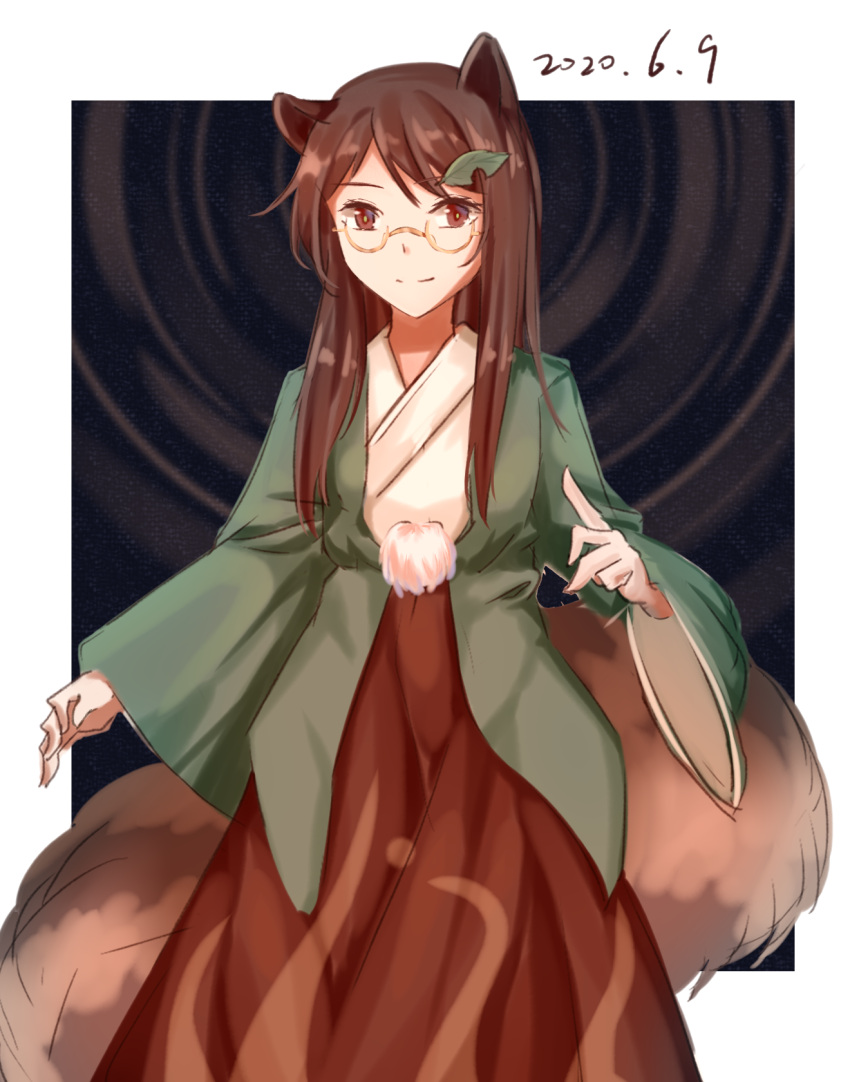 animal_ears border brown_eyes brown_hair cowboy_shot dated female futatsuiwa_mamizou glasses highres japanese_clothes leaf leaf_on_head long_hair long_sleeves looking_at_viewer minuo multicolored_background raccoon_ears raccoon_tail semi-rimless_eyewear smile solo standing tail touhou under-rim_eyewear white_border yellow-framed_eyewear