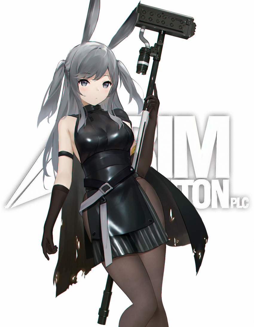 animal_ears arknights arm_strap banxuan_c2ka bare_shoulders belt black_cape black_dress black_gloves blush breasts brown_pantyhose cape chromatic_aberration dress feet_out_of_frame female gloves grey_eyes grey_hair hammer hand_up highres holding holding_hammer holding_weapon long_hair looking_at_viewer medium_breasts pantyhose rabbit_ears savage_(arknights) short_dress simple_background sleeveless sleeveless_dress solo standing thighs two_side_up weapon white_background