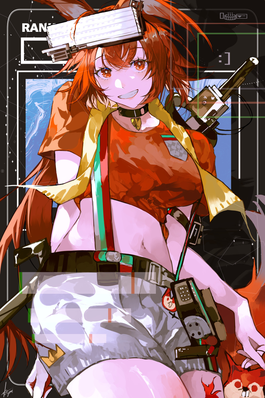 absurdres animal_ears arknights black_choker choker crop_top female flametail_(arknights) flametail_(sport_for_all)_(arknights) grey_shorts grin head-mounted_display highres long_hair looking_at_viewer midriff navel official_alternate_costume orange_shirt red_hair red_tail shirt short_sleeves shorts smile solo squirrel squirrel_ears squirrel_girl squirrel_tail suspender_shorts suspenders tail teeth yuki_flourish