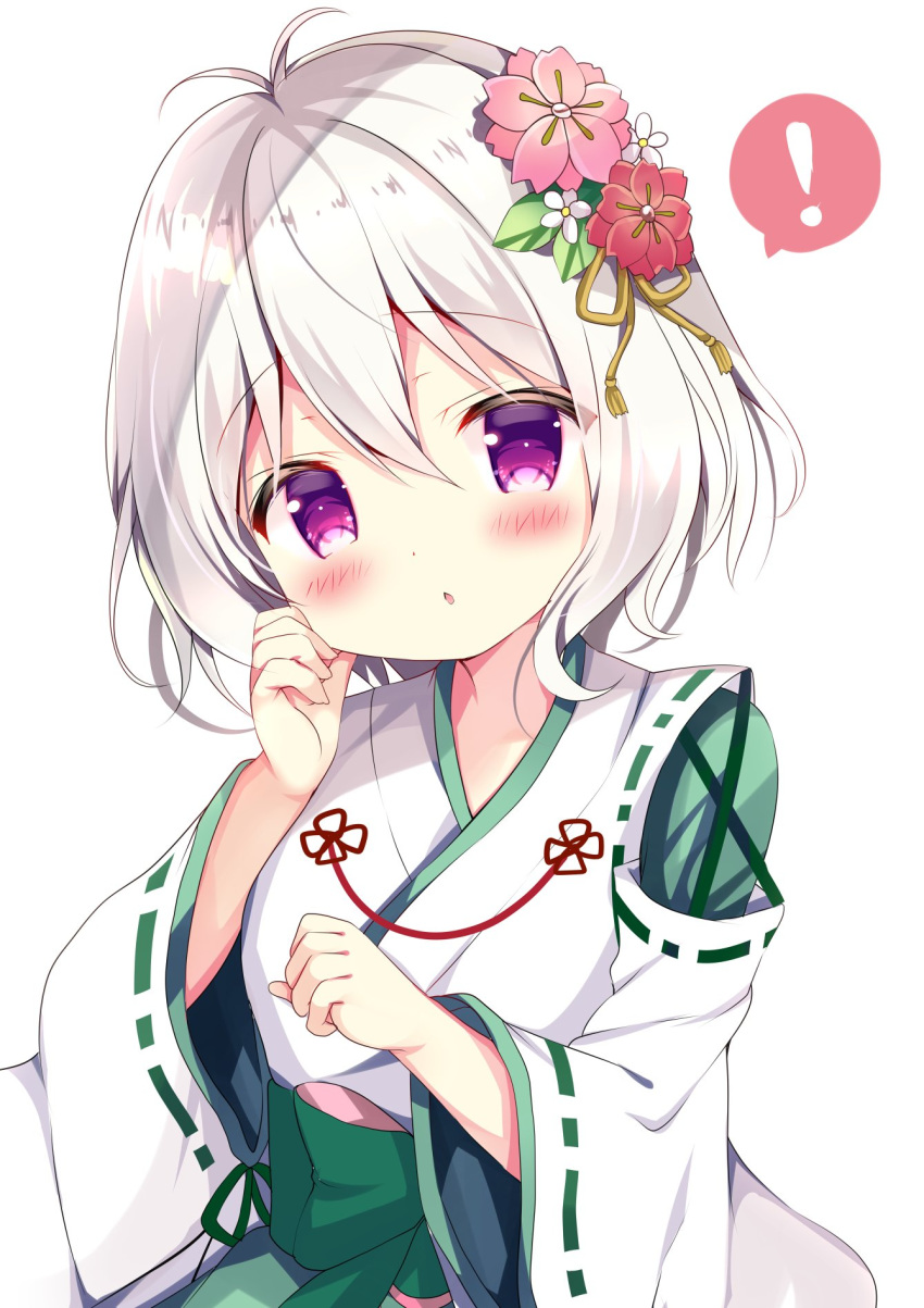 ! antenna_hair azumi_kazuki blush bow commentary female flower green_bow green_hakama green_kimono grey_hair hair_between_eyes hair_flower hair_ornament hakama hakama_skirt hand_up highres japanese_clothes kimono kokkoro_(new_year)_(princess_connect!) kokkoro_(princess_connect!) long_sleeves looking_at_viewer miko parted_lips pink_flower princess_connect! purple_eyes red_flower ribbon_trim short_hair simple_background skirt solo spoken_exclamation_mark two-tone_kimono white_background white_flower white_hair white_kimono wide_sleeves