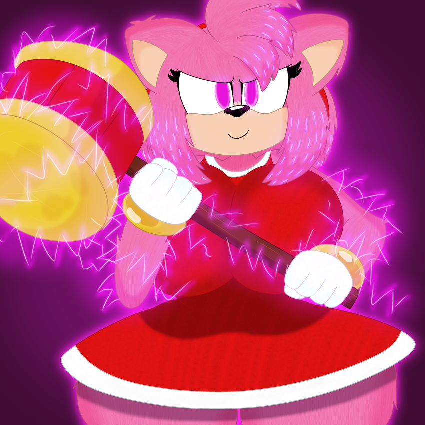 1:1 2022 3barts absurd_res accessory amy_rose anthro big_breasts breasts clothing confident curvy_figure electricity eulipotyphlan eyelashes female front_view fur gloves hair hair_accessory hairband hammer handwear head_tuft hedgehog hi_res holding_object holding_weapon hourglass_figure lightning looking_at_viewer mammal pink_body pink_fur pink_hair sega smile solo sonic_the_hedgehog_(film) sonic_the_hedgehog_(series) tools tuft weapon wide_hips