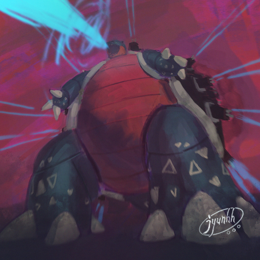 blastoise claws commentary_request dark fangs full_body gigantamax gigantamax_blastoise highres jyunhh no_humans pokemon pokemon_(creature) purple_background signature simple_background solo standing water