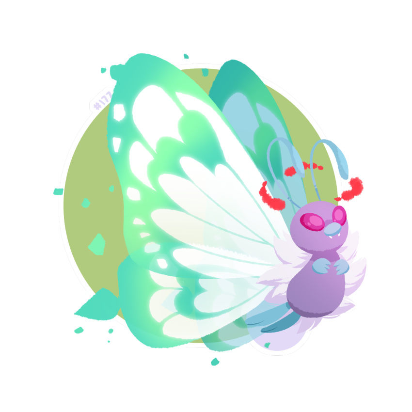 antennae bug butterfly butterfree creature english_commentary flying full_body gen_1_pokemon gigantamax gigantamax_butterfree highres hydroflorix insects no_humans number pokemon pokemon_(creature) purple_eyes solo