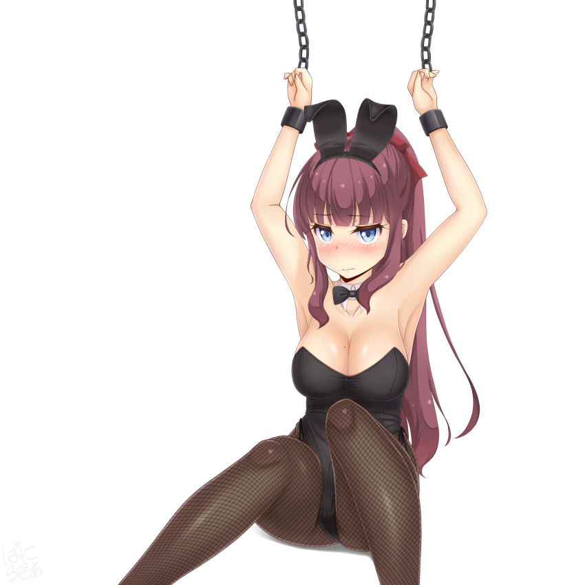 absurdres animal_ears arms_up black_bow black_bowtie black_leotard black_pantyhose blue_eyes blunt_bangs bow bowtie breasts brown_hair chains commentary_request cowboy_shot cuffs detached_collar fake_animal_ears female fishnet_pantyhose fishnets highres large_breasts leotard long_hair looking_at_viewer new_game! pantyhose playboy_bunny ponytail rabbit_ears restrained sainohikari shackles sidelocks simple_background sitting solo strapless strapless_leotard takimoto_hifumi white_background