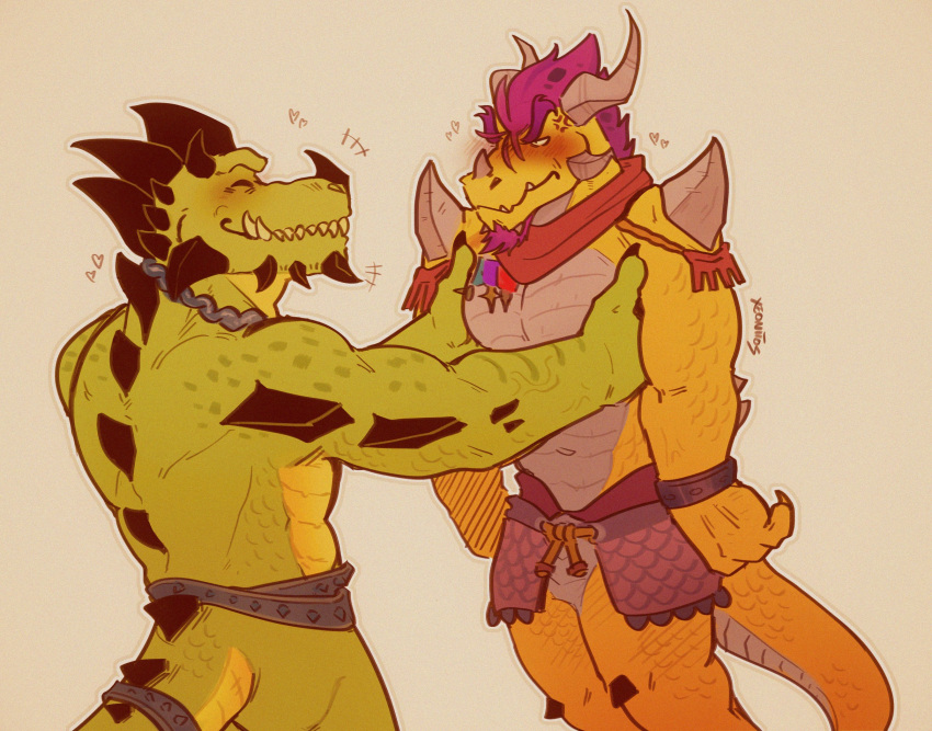 activision anthro black_horn blush carrying_another dragon duo facial_hair goatee green_body gunnar_(spyro) hair hi_res horn male muscular muscular_anthro muscular_male mythological_creature mythological_scalie mythology purple_hair rescued_dragons_(spyro) scalie simple_background spyro_reignited_trilogy spyro_the_dragon tail teeth titan_(spyro) wingless_dragon xeoniios yellow_body