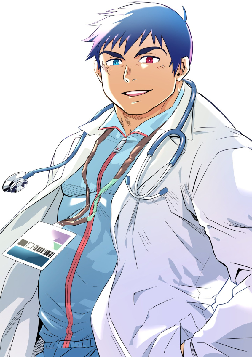 1boy arima_mineaki bara blue_eyes blue_hair blush heterochromia highres lab_coat long_sideburns male_focus mature_male mozhoyo muscular muscular_male open_mouth red_eyes scar scar_on_face short_hair sideburns simple_background smile solo stethoscope thick_eyebrows tokyo_afterschool_summoners track_suit upper_body white_background