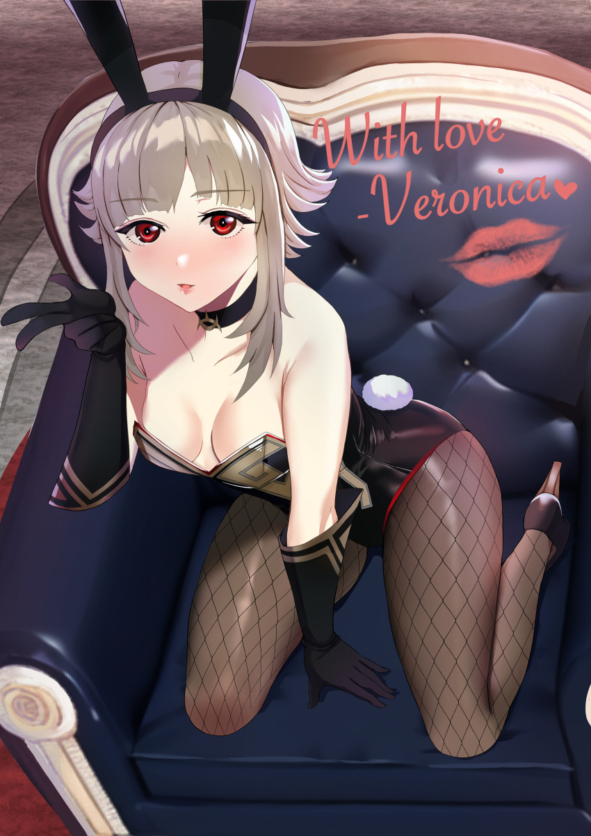 absurdres alternate_costume animal_ears blowing_kiss blush breasts cleavage commentary_request commission detached_collar fake_animal_ears female fire_emblem fire_emblem_heroes grey_hair hair_ornament highres leotard lipstick_mark looking_at_viewer official_alternate_hair_length official_alternate_hairstyle open_mouth pantyhose partial_commentary playboy_bunny rabbit_ears red_eyes short_hair skeb_commission solo tara_(szzj7733) veronica_(fire_emblem) wrist_cuffs