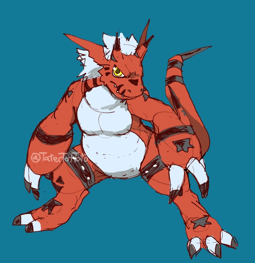 ambiguous_gender anthro bandai_namco belly claws digimon digimon_(species) growlmon hair markings pecs red_body simple_background sketchy solo tail tatertottoto white_hair yellow_eyes