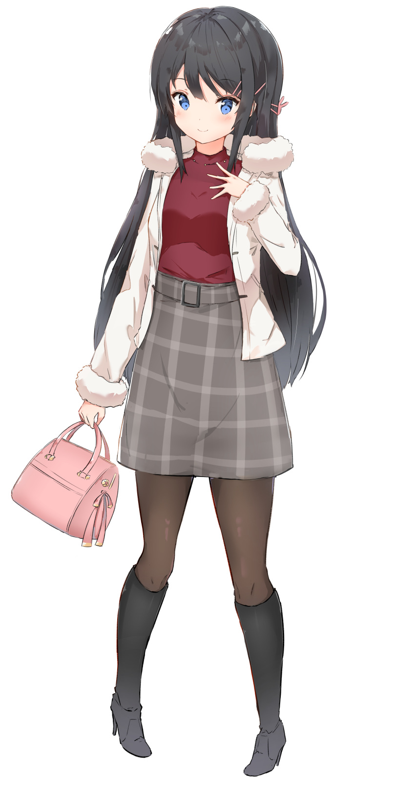 absurdres bad_id bad_pixiv_id bag black_hair black_pantyhose blue_eyes boots commentary_request female fujimaki_nora highres jacket long_hair miniskirt pantyhose sakurajima_mai seishun_buta_yarou skirt solo sweater turtleneck turtleneck_sweater