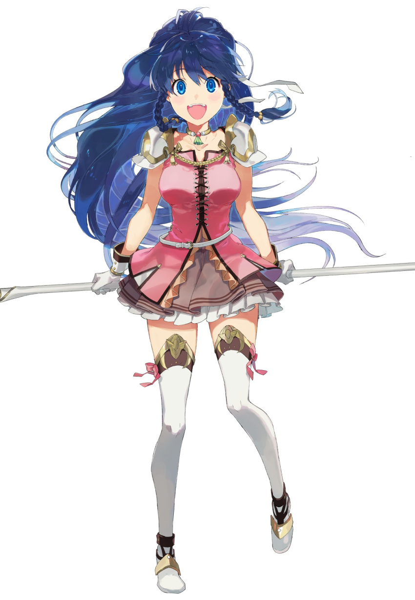 :d aisutabetao armor bad_id bad_twitter_id blue_eyes blue_hair dress female fire_emblem fire_emblem:_the_sacred_stones full_body gloves highres holding holding_weapon jewelry long_hair looking_at_viewer necklace open_mouth ponytail ribbon shoulder_armor smile solo tana_(fire_emblem) weapon white_background