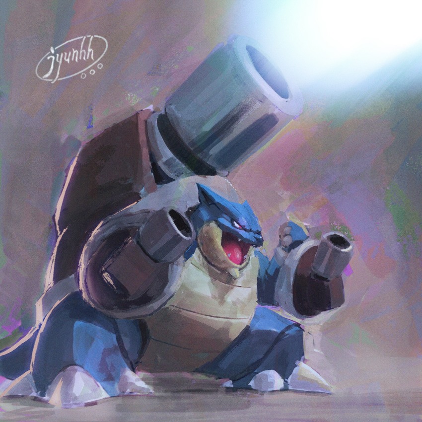 blastoise claws commentary_request dark fangs full_body highres jyunhh mega_blastoise mega_pokemon no_humans pokemon pokemon_(creature) purple_background signature simple_background solo standing water