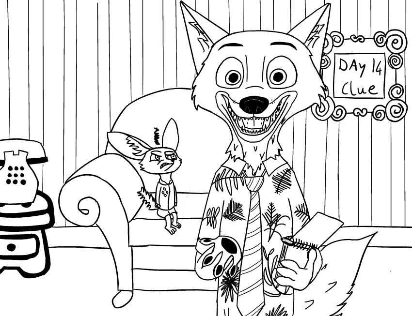 anthro blue's_clues canid canine chair disney duo electronics fennec_fox finnick_(zootopia) fox front_view furniture hi_res inside j_shute male mammal monochrome necktie nick_wilde nickelodeon notebook pawpads phone picture_frame red_fox true_fox zootopia