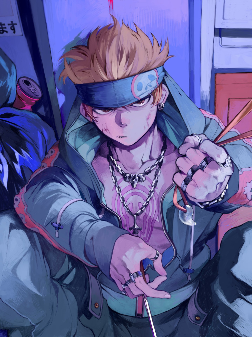 1boy brown_eyes brown_hair can chain_necklace chains chest_tattoo commentary earrings headband highres holding holding_knife hood hooded_jacket jacket jewelry kazanniro kirito_(housamo) knife looking_at_viewer male_focus necklace partially_unzipped pectorals pov short_hair skull_earrings solo tattoo tokyo_afterschool_summoners toned toned_male trash trash_bag weapon