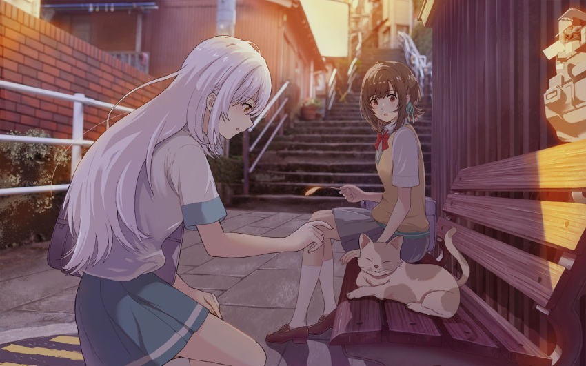 2girls bag bench blue_skirt bow brown_eyes brown_footwear brown_hair closed_eyes day feline grey_skirt hair_ribbon highres irozuku_sekai_no_ashita_kara kazano_asagi long_hair looking_at_animal multiple_girls nuit_(nt_099) official_style outdoors railing red_bow ribbon school_bag school_uniform short_hair short_sleeves sitting skirt socks stairs sweater_vest tsukishiro_hitomi white_hair white_legwear yellow_sweater_vest