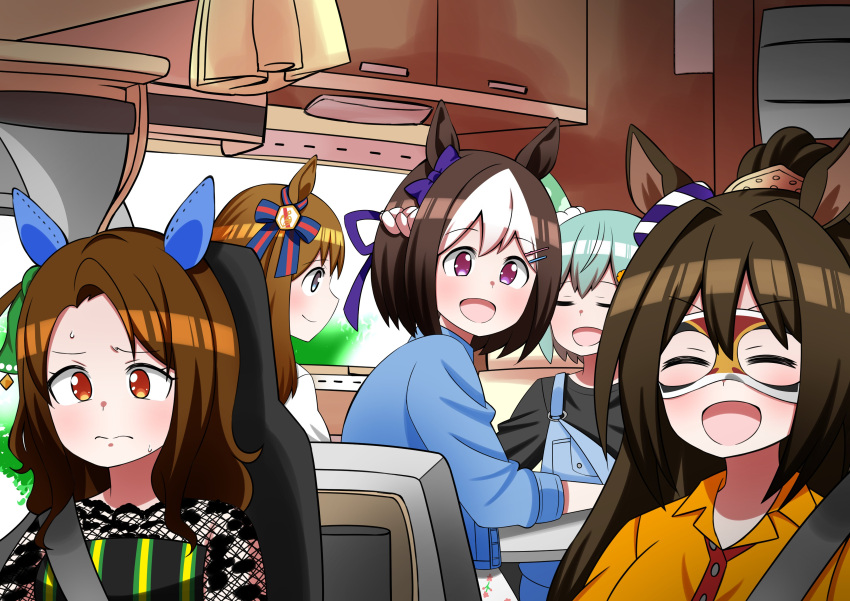 5girls :d =_= ^_^ absurdres animal_ears aramori_susumu black_shirt blue_overalls blue_shirt bow braid brown_hair closed_eyes domino_mask driving ear_bow ear_covers el_condor_pasa_(umamusume) golden_generation_(umamusume) grass_wonder_(umamusume) hair_between_eyes hair_ribbon highres horse_ears horse_girl king_halo_(umamusume) light_green_hair long_hair mask multiple_girls overalls parody ponytail purple_bow purple_eyes purple_ribbon red_eyes ribbon scene_reference seatbelt seiun_sky_(umamusume) shirt short_hair single_ear_cover sitting smile special_week_(umamusume) umamusume vehicle_interior white_hair