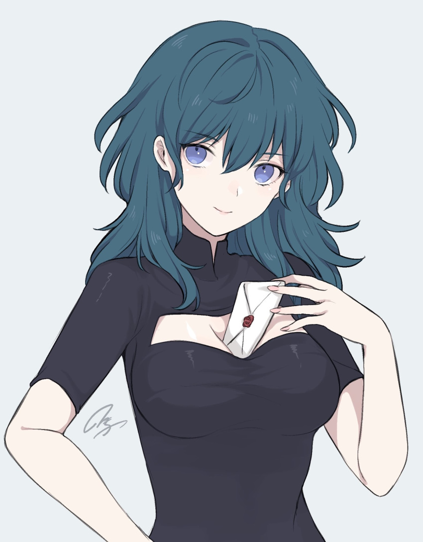 akina_(akn_646) blue_eyes blue_hair breasts byleth_(fire_emblem) byleth_(fire_emblem)_(female) closed_mouth envelope female fire_emblem fire_emblem:_three_houses highres short_sleeves simple_background smile solo upper_body