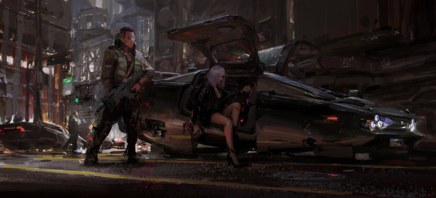 1boy black_jacket black_pants car commentary cyberpunk english_commentary female flying_car grey_jacket gullwing_doors gun headlight highres holding holding_gun holding_weapon jacket john_liberto leather leather_jacket medium_hair motor_vehicle night original pants purple_hair science_fiction sitting sunglasses vehicle_focus weapon