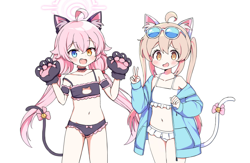 2girls absurdres ahoge animal_ears animal_hands bad_id bad_pixiv_id bare_shoulders bell bikini bikini_skirt blue-tinted_eyewear blue_archive blue_eyes blue_jacket blush bow bow_panties bra cat_ears cat_lingerie cat_tail choker collarbone commentary cosplay costume_switch cowboy_shot crossed_bangs double-parted_bangs eyewear_on_head fake_animal_ears fake_tail flat_chest frilled_bikini frilled_bra frilled_choker frilled_panties frills gloves hair_between_eyes hair_bobbles hair_ornament halo hands_up heterochromia highres hoshino_(blue_archive) hoshino_(blue_archive)_(cosplay) hoshino_(swimsuit)_(blue_archive) jacket jingle_bell light_brown_hair long_sleeves look-alike low_twintails md5_mismatch meme_attire multiple_girls navel oerba_yun_fang off_shoulder onii-chan_wa_oshimai! open_mouth oyama_mahiro oyama_mahiro_(cosplay) panties parted_bangs paw_gloves pink_bow pink_hair pink_halo puffy_long_sleeves puffy_sleeves purple_bra purple_choker purple_tail sidelocks simple_background sleeve_cuffs spaghetti_strap sunglasses swimsuit tail tail_bell tail_bow tail_ornament tinted_eyewear twintails underwear v white-framed_eyewear white_background white_bikini white_tail yellow_eyes yukki_bunny