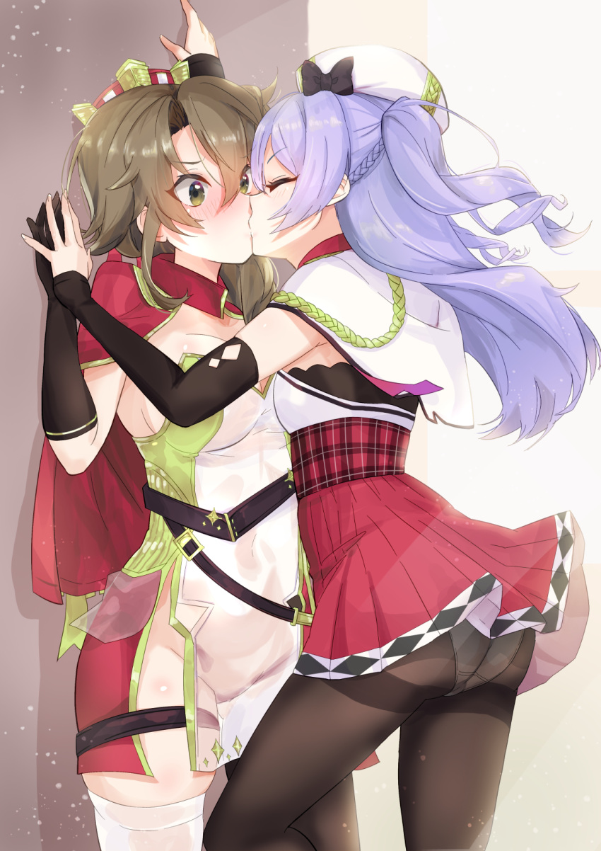 2girls ajax_(azur_lane) ass azur_lane blush bow braid brown_hair closed_eyes commission crown exeter_(azur_lane) gloves green_eyes hat highres kabedon kissing long_hair multiple_girls navel no_panties panties panties_under_pantyhose pantyhose purple_hair see-through shibaame skirt surprise_kiss surprised thighband_pantyhose thighhighs thighs underwear yuri