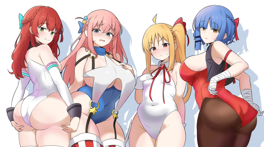 4girls ahoge alternate_ass_size alternate_breast_size amogan ass bb_(fate) bb_(swimsuit_mooncancer)_(fate) bb_(swimsuit_mooncancer)_(fate)_(cosplay) blue_bow bocchi_the_rock! bow breakers breasts brown_pantyhose closed_mouth commentary_request commission cosplay covered_navel cowboy_shot detached_sleeves fate/grand_order fate_(series) from_behind furrowed_brow gotoh_hitori green_eyes hair_between_eyes hair_ornament hairbow hairclip hands_on_own_ass hasegawa_ikumi highres ijichi_nijika justice_gakuen kita_ikuyo large_breasts leotard long_hair mihono_bourbon_(umamusume) mihono_bourbon_(umamusume)_(cosplay) mole mole_under_eye multiple_girls o-ring pantyhose pixiv_commission plump red_bow red_eyes shadow shiritsu_justice_gakuen simple_background small_breasts sweatdrop thick_thighs thighhighs thighs tia_langray tia_langray_(cosplay) tiffany_lords tiffany_lords_(cosplay) umamusume v-shaped_eyebrows voice_actor_connection white_background white_leotard yamada_ryo yellow_eyes