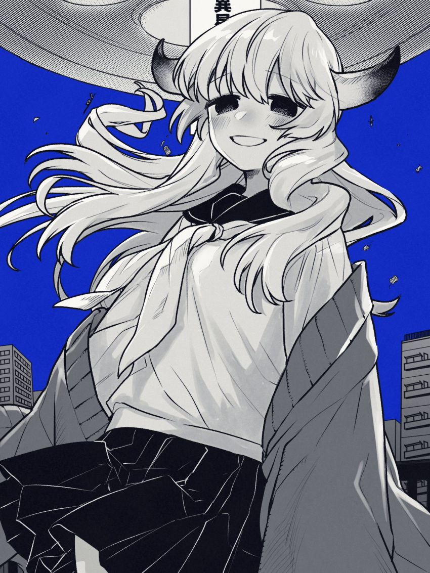 blue_sky blush building bukiyama cardigan cardigan_partially_removed cevio city clothes_lift commentary cowboy_shot debris empty_eyes female floating_hair floating_neckwear greyscale_with_colored_background grin half-closed_eyes highres horns isei_(iyowa) isei_ni_ikou_ne_(cevio) iyowa_girls long_hair long_sleeves looking_at_viewer neckerchief open_cardigan open_clothes pleated_skirt railing school_uniform serafuku skirt skirt_lift sky smile solo standing symbol-only_commentary tareme ufo wind wind_lift