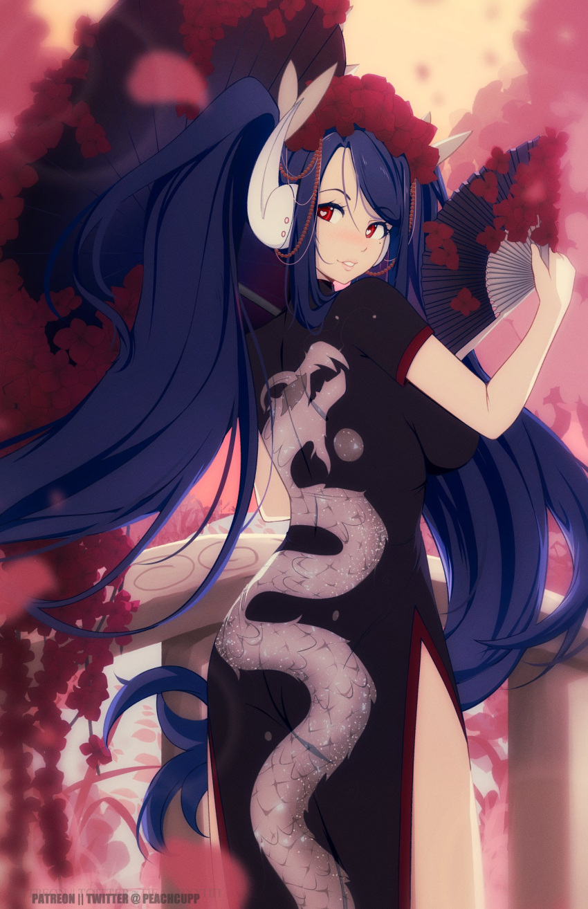 absurd_res accessory asian_clothing asian_mythology beads big_breasts black_clothing blue_hair blush breasts cherry_blossom cherry_blossom_tree cherry_tree clothed clothing detailed_background dragon dress eastern_dragon fan_character female flower fruit_tree hair hair_accessory hair_beads hand_fan heart_eyes heart_symbol hi_res humanoid long_hair lunar_new_year mythological_creature mythological_scalie mythology open_dress peachcupp pink_background plant prunus_(flower) red_eyes scalie seed_beads simple_background slit_dress solo thigh_slit tree twintails