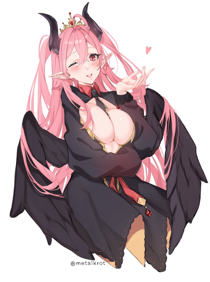 between_breasts black_dress black_necktie blush breasts center_opening collared_dress crown dress english_commentary eve_silvius female heart highres horns indie_virtual_youtuber long_sleeves looking_at_viewer medium_breasts metalkrot necktie necktie_between_breasts one_eye_closed open_hand pink_eyes pink_hair pointy_ears solo twitter_username virtual_youtuber