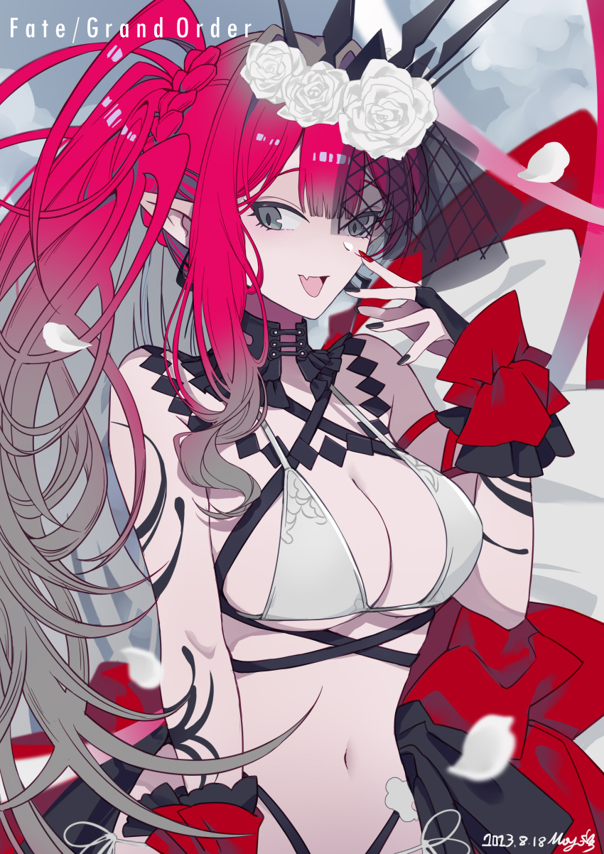 absurdres baobhan_sith_(fate) baobhan_sith_(swimsuit_pretender)_(fate) baobhan_sith_(swimsuit_pretender)_(third_ascension)_(fate) bare_shoulders bikini black_nails breasts bridal_gauntlets cleavage dated detached_collar earrings falling_petals fate/grand_order fate_(series) female flower grey_background grey_eyes hand_up highres jewelry long_hair looking_to_the_side nail_polish navel oerba_yun_fang open_mouth petals pink_hair pointy_ears red_nails side_ponytail skin_fang smile solo swimsuit tiara upper_body veil white_bikini white_flower ying_die_moyu