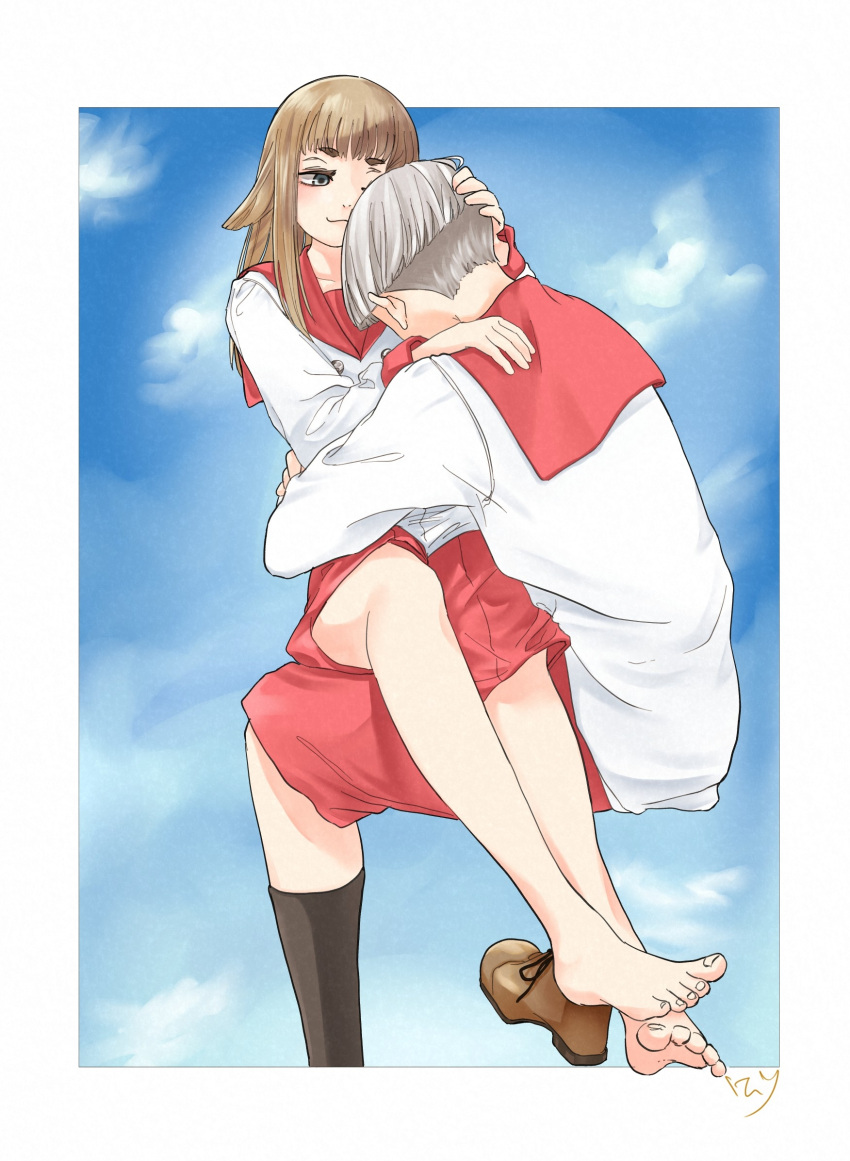 1boy :3 arms_around_waist barefoot blue_sky border bowl_cut brown_footwear brown_hair cloud cloud_background couple eveyeil feet female grey_hair hair_flaps hand_on_another's_head highres legs long_sleeves mimihime_(tengoku_daimakyou) on_lap one_eye_closed outside_border red_shorts sailor_collar school_uniform shiro_(tengoku_daimakyou) shirt shoes shorts sky straight tengoku_daimakyou toes white_border white_shirt