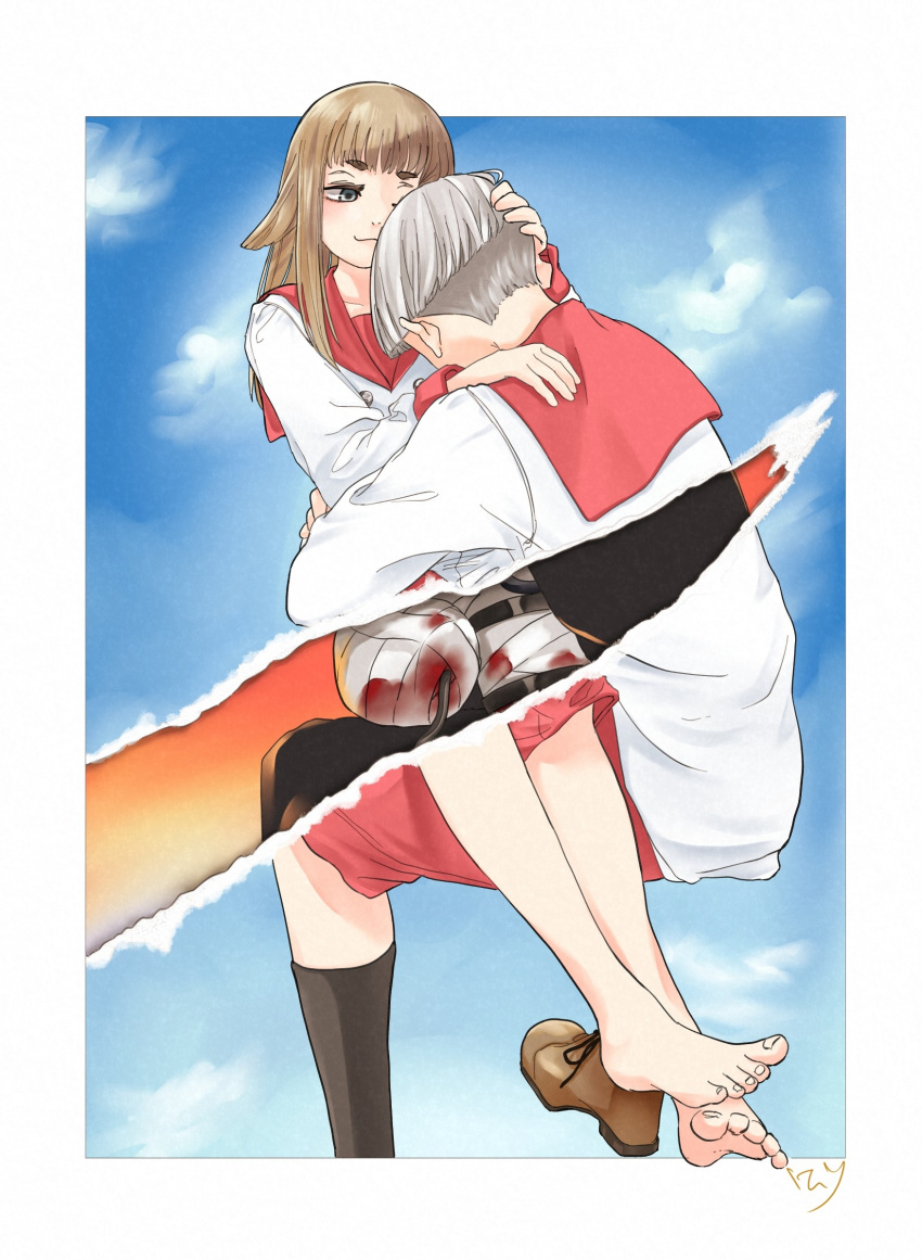 1boy :3 amputee arms_around_waist bandages barefoot blood blood_on_bandages blue_sky border bowl_cut brown_footwear brown_hair cloud cloud_background couple eveyeil feet female grey_hair hair_flaps hand_on_another's_head highres intravenous_drip legs long_sleeves mimihime_(tengoku_daimakyou) on_lap one_eye_closed outside_border red_shorts sailor_collar school_uniform shiro_(tengoku_daimakyou) shirt shoes shorts sky straight suit tengoku_daimakyou toes white_border white_shirt