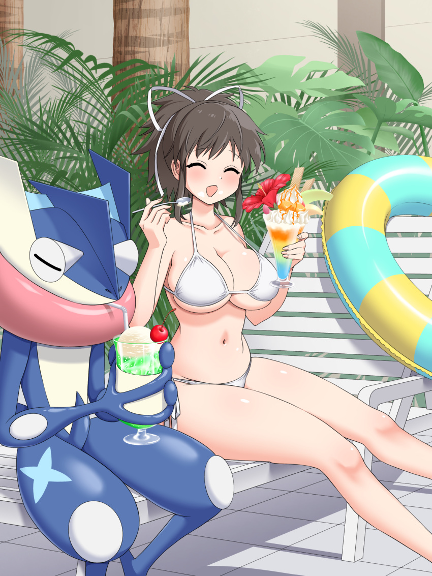 ^_^ asuka_(senran_kagura) bare_arms bare_legs bare_shoulders beach_chair bikini black_hair blue_innertube blush breasts chair cherry cleavage closed_eyes collarbone commission crossover cup dessert drink drinking_glass drinking_straw eating female fern flower food food_on_face frilled_innertube fruit greninja groin hair_ribbon hibiscus highres holding holding_food holding_ice_cream holding_spoon ice ice_cream ice_cream_float ice_cube indoors innertube large_breasts lounge_chair melon melon_slice melon_soda micro_bikini navel open_mouth orange_(fruit) orange_slice parfait plant pokemon pokemon_(creature) ponytail poolside red_flower ribbon risapaso senran_kagura senran_kagura_shoujo-tachi_no_shin'ei short_hair short_ponytail sidelocks sitting skeb_commission skindentation smile spoon strap_gap string_bikini striped_innertube swim_ring swimsuit syrup tongue tongue_scarf trait_connection tree tropical_drink wafer wafer_stick webbed_feet webbed_hands whipped_cream white_bikini white_ribbon yellow_innertube