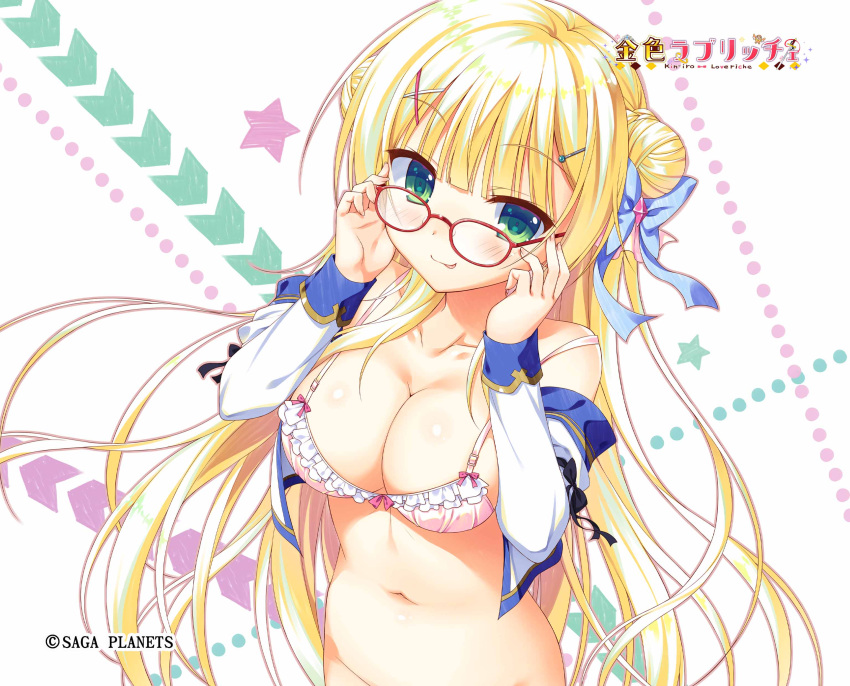 :3 :p absurdres bare_shoulders bespectacled blonde_hair blue_bow blunt_bangs blush bow bra breasts cleavage closed_mouth collarbone company_name copyright_name double_bun female floating_hair frilled_bra frills glasses green_eyes hair_bun hair_ornament hairbow hairclip hands_up highres kin-iro_loveriche large_breasts long_hair long_sleeves looking_at_viewer moribe_(rabumanyo) navel official_art open_clothes open_shirt pink_bra red-framed_eyewear shirt sidelocks simple_background smile solo star_(symbol) straight_hair strap_slip sylvia_le_cruzcrown_sortilege_sisua tongue tongue_out underwear upper_body very_long_hair white_background white_shirt x_hair_ornament