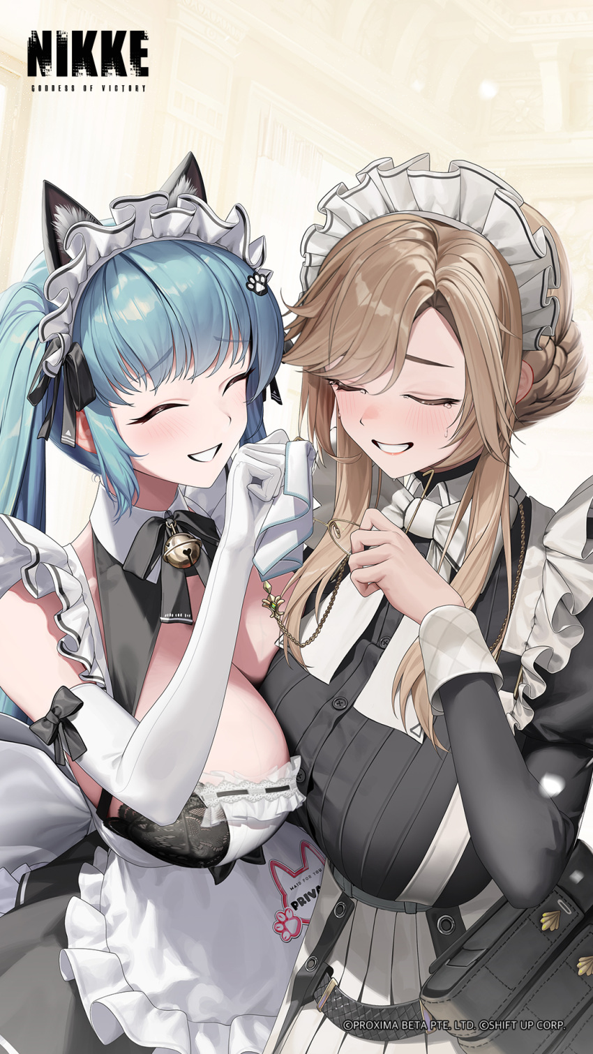 2girls ade_(nikke) animal_ears apron aqua_hair asymmetrical_docking black_dress black_ribbon blonde_hair braid breast_press breasts cat_ears character_name closed_eyes commentary copyright_name crying dress elbow_gloves english_commentary frilled_apron frills glasses gloves goddess_of_victory:_nikke grin hair_ribbon hand_up happy_tears highres holding holding_removed_eyewear huge_breasts juliet_sleeves long_hair long_sleeves maid_headdress multiple_girls name_tag official_art parted_bangs paw_print privaty_(nikke) privaty_(unkind_maid)_(nikke) puffy_sleeves ribbon smile swept_bangs tears twintails unworn_eyewear veins veiny_breasts white_apron white_gloves