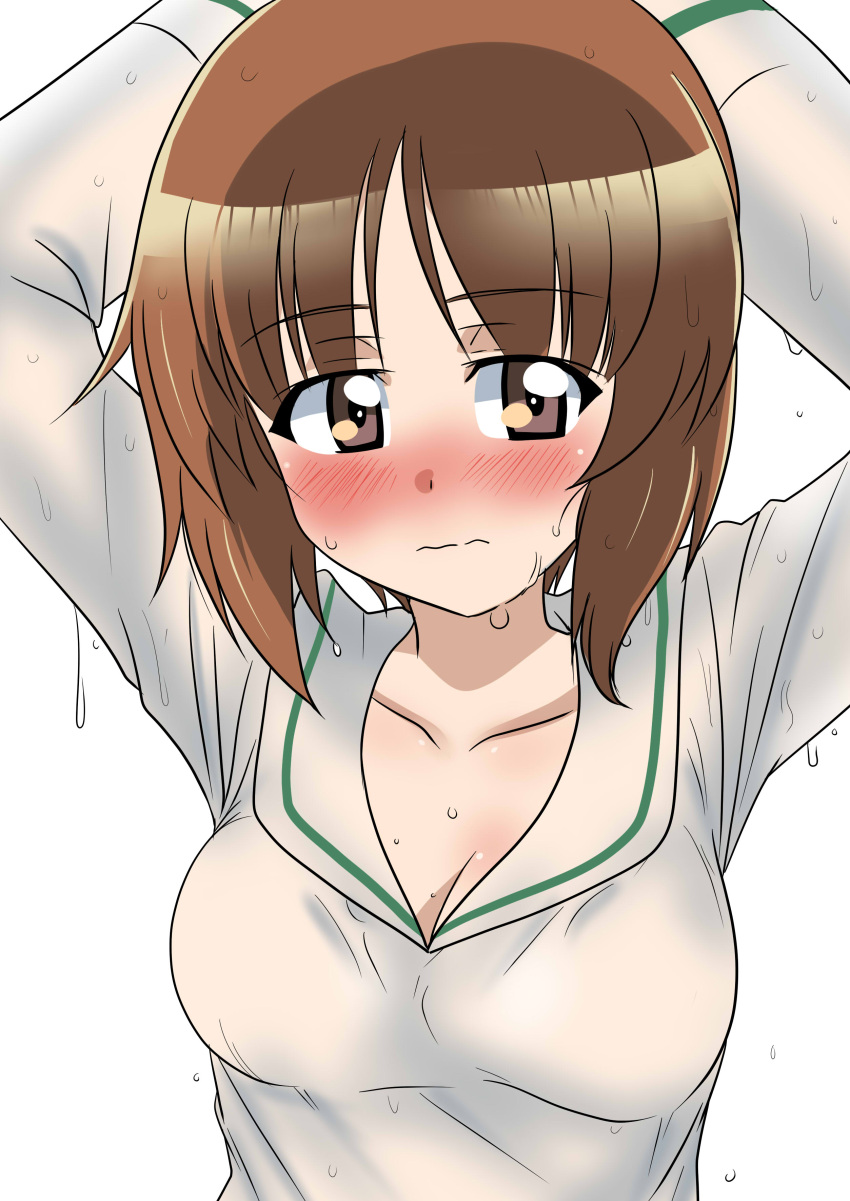 absurdres arms_up blouse breasts brown_eyes brown_hair closed_mouth commentary female frown girls_und_panzer highres long_sleeves looking_at_viewer medium_breasts nishizumi_miho no_neckwear ooarai_school_uniform sailor_collar school_uniform shirt short_hair simple_background solo upper_body wakku_kan wet wet_clothes wet_shirt white_background white_sailor_collar white_shirt