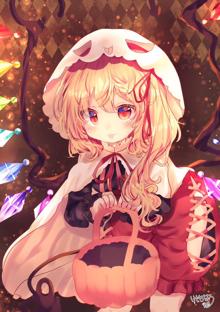 :3 absurdres argyle_background basket blonde_hair bloomers blush breasts brown_background capelet clothing_cutout cowboy_shot crystal crystal_wings dress female flandre_scarlet halloween_bucket hands_up hat highres holding holding_basket kemo_chiharu laevatein_(touhou) leaning_forward light_particles looking_at_viewer medium_hair mob_cap neck_ribbon one_side_up rainbow_order red_bloomers red_eyes red_ribbon ribbon side_cutout signature simple_background small_breasts solo tongue tongue_out touhou underwear white_capelet white_hat wings