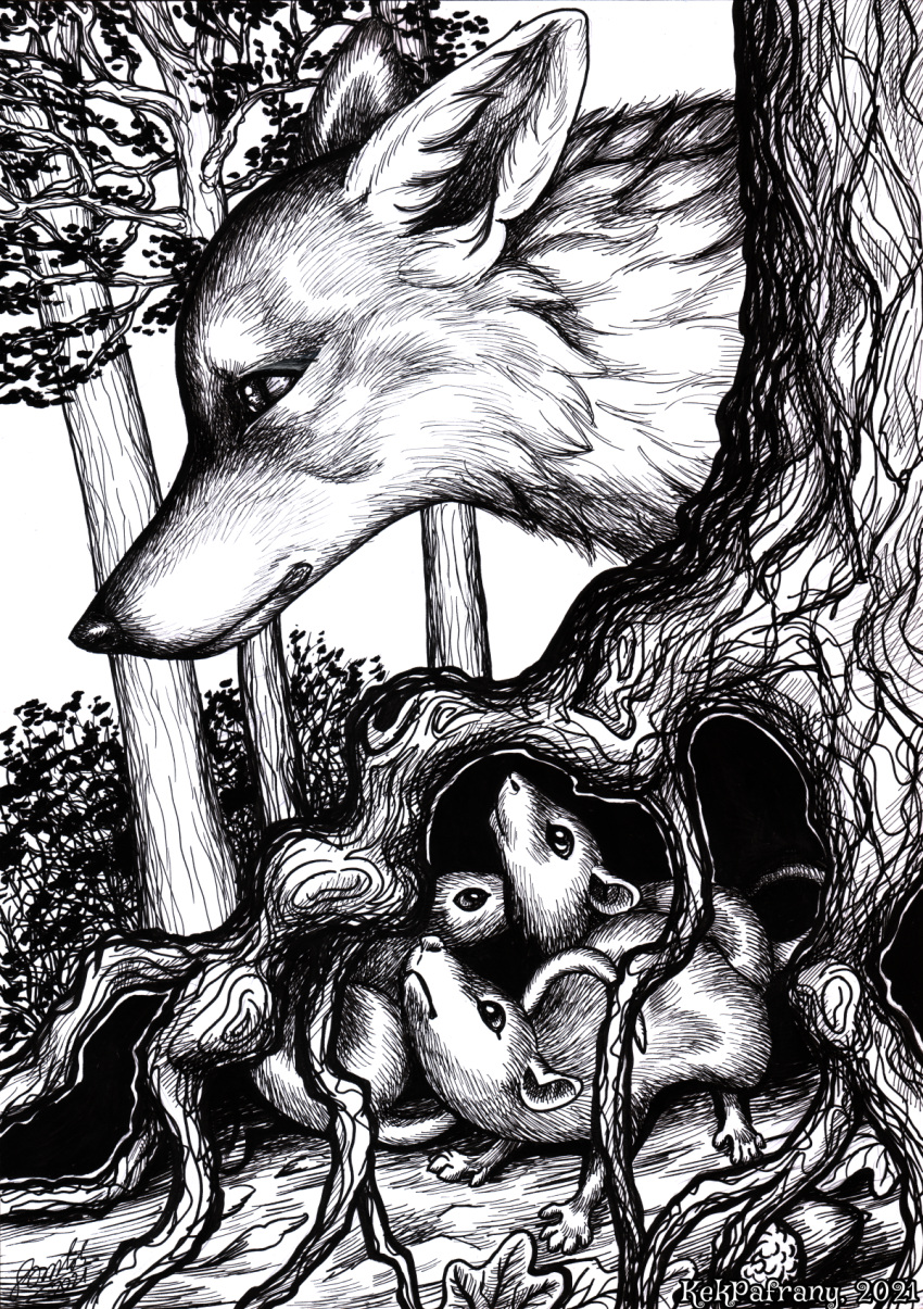 2021 ambiguous_gender canid canine feral forest fox group hi_res hiding hunter hunting kekpafrany mammal monochrome murid murine plant prey_(disambiguation) rat rodent signature traditional_media_(artwork) tree tree_root