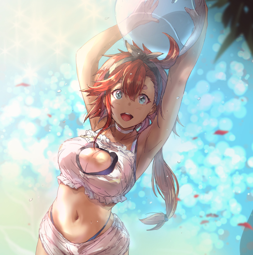 ahoge armpits arms_up ball beachball blue_eyes breasts cleavage cleavage_cutout clothing_cutout female gundam gundam_suisei_no_majo highres holding holding_ball holding_beachball large_breasts long_hair low-tied_long_hair matsukura_nemu navel ocean red_hair shorts suletta_mercury swimsuit thick_eyebrows