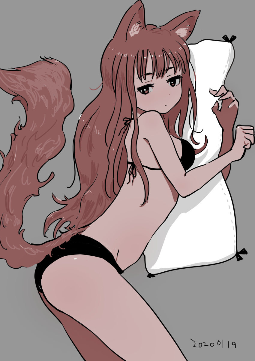 absurdres animal_ears bikini black_bikini brown_eyes brown_hair cowboy_shot dated female fox_ears fox_tail from_side grey_background hands_up highres holding holding_pillow long_hair original pillow simple_background solo swimsuit tail tsumetai_(tsurunoka)